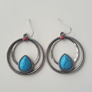 Vintage Boutique Silver Tone and Faux Turquoise Stone Circle Drop Earrings